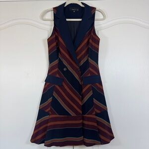 Adelyn Rae Mod Striped Sleeveless Blazer Dress Flounced Hem Navy Rust Medium